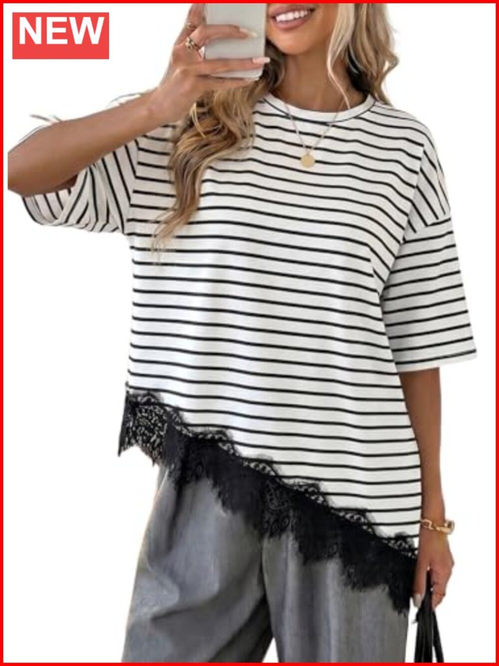 Women's Casual Crew Neck Half Sleeve T-Shirt with Lace Hem, Asymmetrical